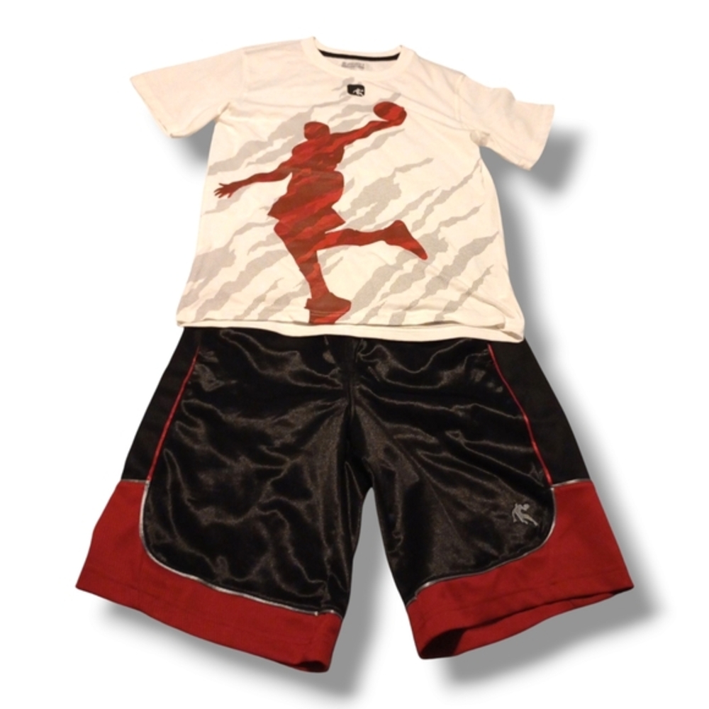 Boys XL White & Red Basketball Tee & Black And Red Basketball Shorts Set